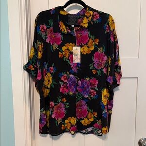 Johnny Was Black Floral Button-Front Top with Pink, Purple & Yellow Blossoms